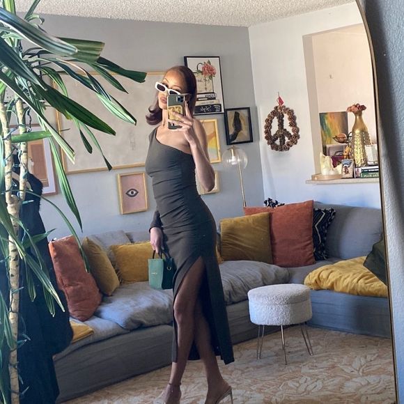 Zara Draped Asymmetrical Olive Green Dress - Picture 9 of 14